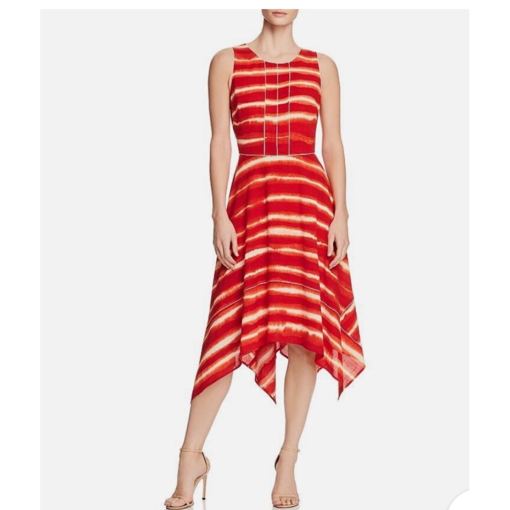 Donna Karan New York Red White Stripe Handkerchief Hem Midi Dress Sleeveless